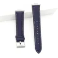 Detailed view of dark blue leather watch strap with contrast stitching and metal buckle. - For Fit 3 / Fit 4 / Navy Blue - Silver Buckle