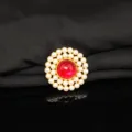 Detail view of a vintage round pearl double-layer rhinestone brooch DIY hair accessory. - Round Double-Layer Red Gemstone(B0050-3)