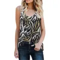 Front view of women's sleeveless tank top featuring a bold brown and black tiger animal print - Zebra Print