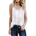 Close-up of white women's sleeveless tank top with grey tropical palm leaf print - S / Tops / White