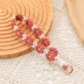 Llavero de correa de muñeca de flor de margarita tejida a mano rojo y blanco - Rojo Oscuro
