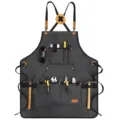 Heavy duty canvas work apron with multiple tool pockets, adjustable cross back straps, grey. - Black