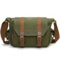 Vintage green canvas shoulder camera bag with brown webbed straps and durable metal hardware - Army Green