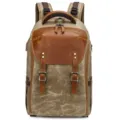 Vintage canvas leather camera backpack, waterproof outdoor photography rucksack with durable straps. - Khaki