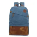 Casual canvas backpack for men, blue school bookbag with brown leather bottom and multiple pockets - Blue