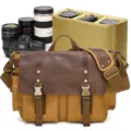 Sac bandoulière rétro en toile et cuir pour homme sac de messager photo avec inserts - S8 jaune terre avec doublure