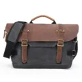 Vintage waxed canvas camera messenger bag, dark grey with brown leather trim and metal buckles. - Dark Gray