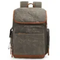 Vintage waterproof canvas DSLR camera backpack, grey green canvas with brown leather trim. - Army Green