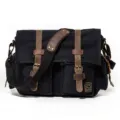 Vintage canvas messenger bag for men, casual retro shoulder bag with leather straps and buckles. - 17" / Black
