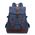 Vintage canvas backpack for men women casual travel school daypack with brown leather straps - Blue