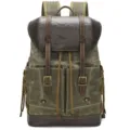 Vintage Canvas Backpack Army Green Men Casual Travel School Laptop Bag Leather Trim - Army Green