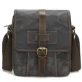 Men's dark grey canvas crossbody messenger bag with brown leather trim and metal buckle. - Dark Gray
