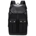 Black canvas leather retro backpack, casual travel computer bag with multiple pockets - Black