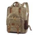Vintage canvas leather backpack casual travel laptop daypack for men and women outdoor. - Khaki