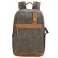 Vintage waterproof waxed canvas backpack with brown leather trim, casual outdoor camera bag. - Army Green