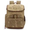 Canvas camera backpack in khaki, vintage DSLR rucksack with padded dividers and leather trim. - Khaki