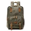 Vintage waterproof canvas camera backpack, casual daypack with leather trim for DSLR cameras. - Army Green