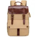 Vintage Canvas Kamera Rucksack mit braunen PU Leder Akzenten und doppelten Schnallenriemen. - Beige