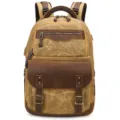 Retro canvas backpack for men and women, vintage leather travel laptop bag, casual outdoor daypack. - K813 Khaki