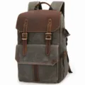 Vintage canvas leather camera backpack waterproof casual travel rucksack for SLR DSLR - Army Green