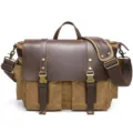Vintage canvas messenger bag for men, casual shoulder crossbody bag with leather trim. - S11 Khaki
