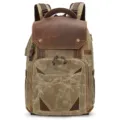 Vintage canvas leather backpack waterproof camera rucksack casual daily commuter bag - Khaki