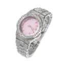 Luxus vollbesetzte Strass Quarz Uhr für Damen und Herren mit auffälligem rosa Zifferblatt. - Silberrosa