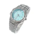 Eisige Hip Hop Quarzuhr Luxus Römische Ziffern Glänzende Diamant Armbanduhr für Unisex - Silber-Blau