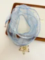 Blue sheer ribbon choker necklace detail with sparkle rhinestones, pearl and floral pendant. - Blue