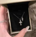Silver gothic cross pendant necklace with double charm design for punk style fashion wear. - Double Cross Layered Style (O-42)