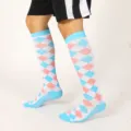 Men's argyle over-knee athletic socks, breathable spring long cotton socks for casual wear - 33 Rhombus Sky Blue