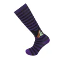 Halloween purple black striped mid-calf socks with cute witch knit pattern for festive wear. - Wizard Cat