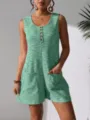 Mint green waffle knit tank romper for women featuring stylish front buttons and side pockets - 3XL / Tops / Green