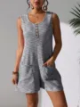 Grey waffle-knit sleeveless romper with front buttons and pockets, summer casual style - Gray