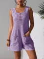 Detail view of purple waffle knit sleeveless romper with front buttons and pockets. - 3XL / Set / Purple