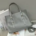 Grey genuine leather tote bag for women, retro casual shoulder handbag with adjustable straps. - Premium Grey
