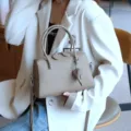 Beige genuine leather Boston handbag, stylish top handle crossbody bag with cute charm. - 25*12*17CM / Gray