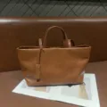 Brown leather tote bag for women, stylish minimalist shoulder handbag with spacious capacity. - Walnut