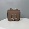 Brown leather shoulder bag with metal clasp, premium grain texture, chic crossbody mini style. - 19 / Khaki