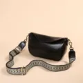 Bolso bandolera de piel negra con correa tejida étnica, elegante bolso cruzado. - Negro