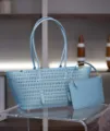 Light blue leather large perforated tote bag with matching pouch and double handles - L31xW15xH21cm with Gold Buckle / Denim Blue