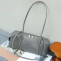Grey leather cylindrical shoulder bag, stylish baguette underarm purse with slim dual straps. - 34*12*13 cm / Gray