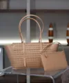 Premium perforated leather large tote bag with matching pouch stylish classic design for women. - L31xW15xH21cm with Gold Buckle / Apricot