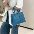 Bolso de mano de cuero azul tote con bolsillos delanteros para mujeres informal moda - 25*12*19 cm / Verde azulado
