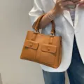 Genuine leather tote bag, tan handbag with dual front pockets, casual commuter crossbody purse. - 25*12*19 CM / Caramel color