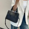Black genuine leather commuter handbag stylish top handle crossbody tote bag for women daily use - 25*12*19 CM / Black