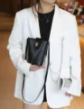 Genuine leather bucket bag for women, stylish crossbody phone bag with metal lock closure. - Black