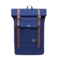 Stylish blue nylon backpack with brown leather straps and multiple pockets for daily use. - 17" / Blue