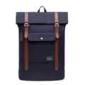 Dark blue nylon backpack with brown straps, stylish school and travel bag for daily use. - 17" / Black