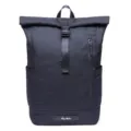 Black nylon roll-top business backpack featuring a buckle strap and side zipper pocket. - 17" / Black